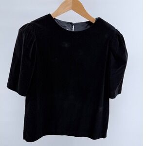 Black‎ Velvet Top Puff Short Sleeves Elegant Party Cocktail Blouse